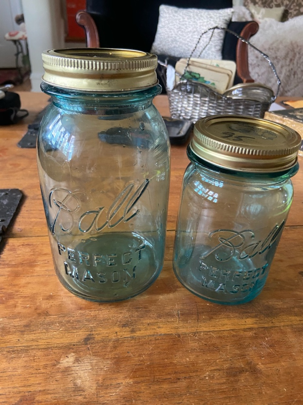 2 Vintage Ball Blue Glass Perfect Mason Storage Jars with Lids
